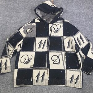 WE11DONE Black White Checkered Knit Hoodie Graphic Sweater WD-TT1-22-652-U-NV M